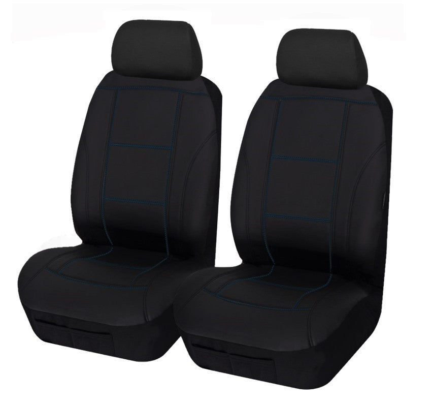 Universal Front Seat Covers Size 30/35 | Black/Blue Stitching