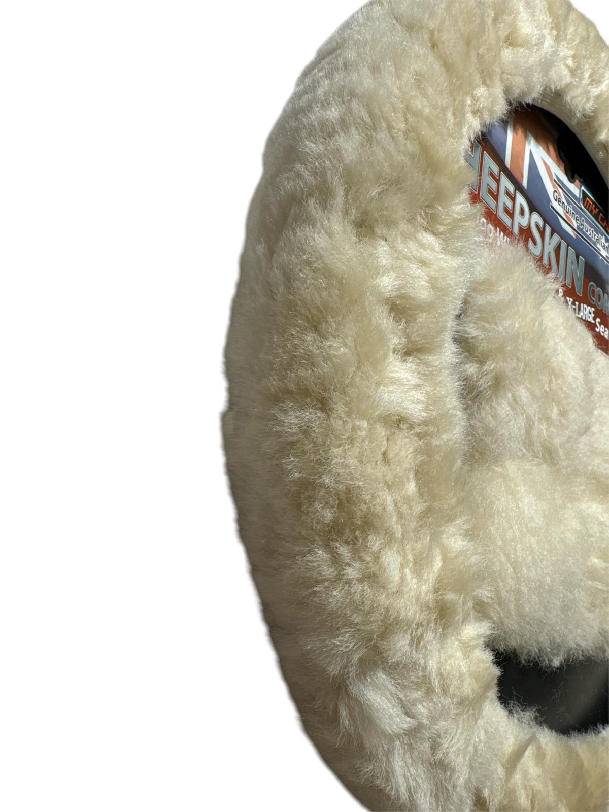 Sheepskin Steering Wheel Cover & 2x Seat Belt Pads Combo Luxury Ivory